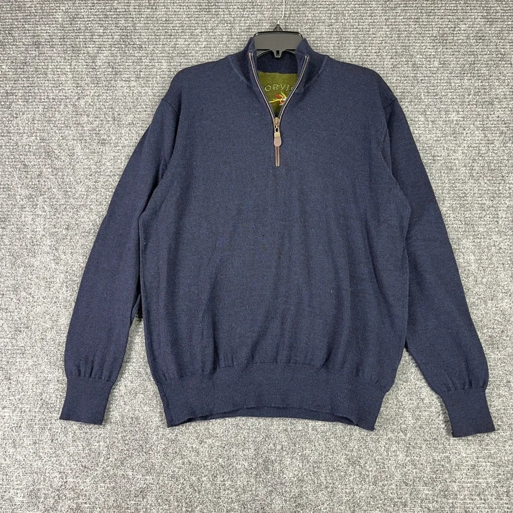 Orvis Quarter Zip Sweater Merino Wool Pullover Navy Ribbed Trim Mock Neck L Mens